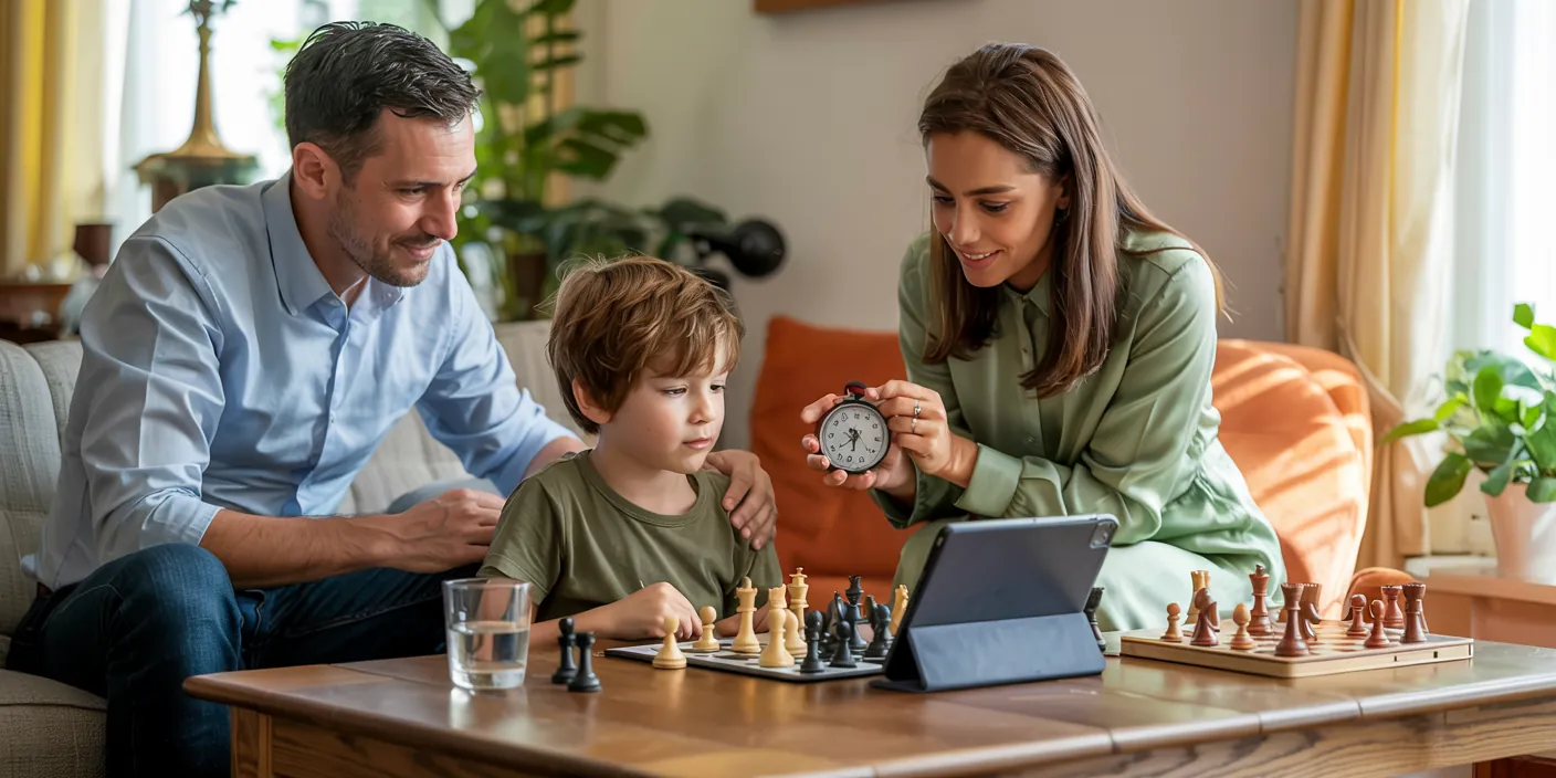 Illustration d’un enfant découvrant les échecs en famille