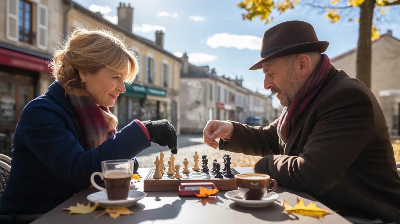 Illustration d’une partie d’échecs en terrasse à l’automne
