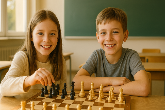 Illustration de deux enfants jouant aux échecs à l’école